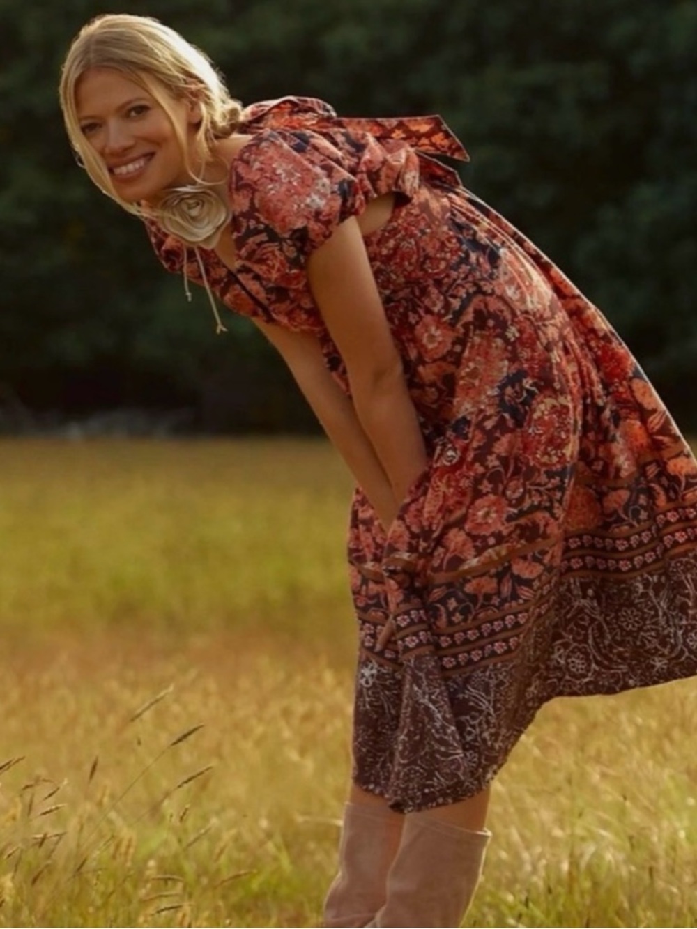 NWT Anthropologie Red and Burnt Orange Floral Midi Dress With Back Tie.Size 10 - Picture 9 of 10